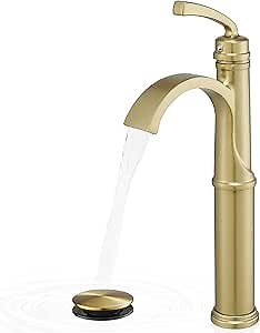 Tall Vessel Sink Faucet, Brass Waterfall Bathroom Sink Faucet Single Handle, Gold Bathroom Faucet 1 Hole, Tall Bathroom Faucets with Pop-Up Drain Water Supply Hoses