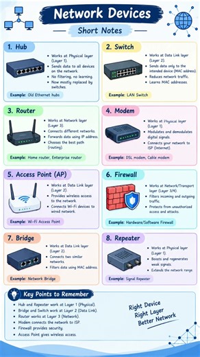 Network Devices | Hub, Switch, Router, Modem & More | Computer Networks Short Notes