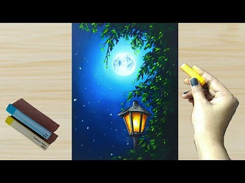 Soft Pastel Drawing - How to Draw Realistic Night Scenery with Street Lamp (step by step) beginners.