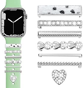 JR.DM Watch Band Charms with Decorative Bling Rings Loops, Compatible with Apple Watch 40mm 38mm 41mm 42mm 44mm 45mm Metal Diamond Charms Smart Watch Strap Accessories for iWatch Series 8 7 SE 6 5 4 3 2 1 (No Band)Silver