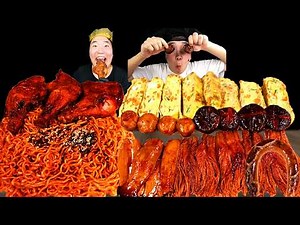 ASMR MUKBANG| Fire spicy Mushrooms, Fire Noodles, Kielbasa Sausage, Smoked Chicken, Egg roll