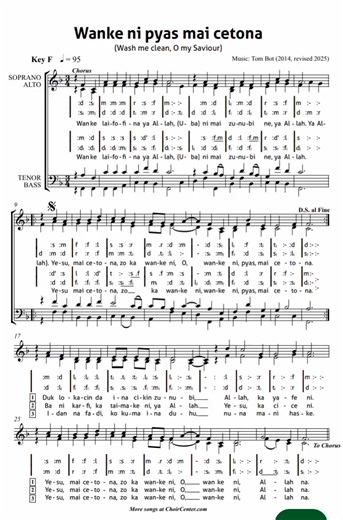 5.7K views · 33 reactions | ✨ Wanke ni pyas mai cetona (Wash me clean, O my Saviour), a heartfelt Hausa hymn composed by Tom Bot. Let the purity of the melody and the prayerful words touch your soul as you listen.   Watch till the end and be blessed!  Link to solfa score in comment section. #NaijaChoristers #ChoirCenter #HausaHymn #WankeNiPyasMaiCetona #TomBot #ChoralMusic | Naija Choristers | Facebook
