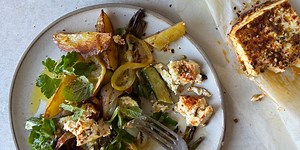 A roasting tin dinner formula and a favourite lemon and courgette bake