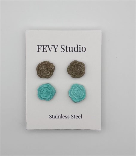 Rose Flower Stud Earrings Set | Turquoise Gold Earrings | Polymer Clay Jewelry | Stainless Steel Posts Gift for Women - Etsy