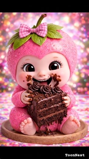 Cute Baby Eating Chocolate Cake 🍫 | Pink Fruit Cartoon | 3D AI Animation