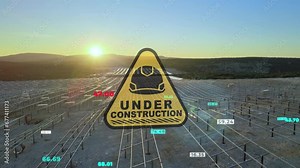 Under construction sign and infographics in front of a solar field project site