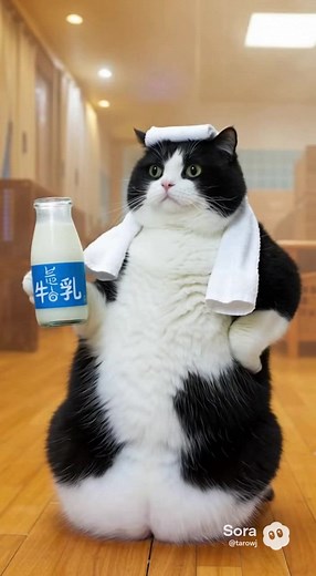 お風呂上がりに飲む牛乳は美味しいと知るハチワレ猫のはちまる #ai #猫 #cat #可愛い #cute
