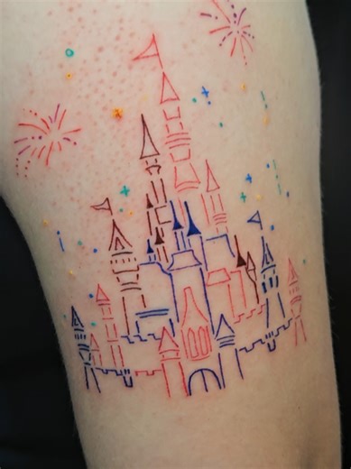I had the pleasure of doing this multicolor Disney castle tattoo in 2025! This was a fun challenge and it healed so well! Also forgive the video being wobbly, ya girl was still figuring out how to film their tattoos lol I'm Houston based and booking! ✉️ amberinetattoo@gmail.com IG @ amberine.tattoo #finelinetattoo #tattooartist #femaletattoo #houstontattoo #Disneytattoo