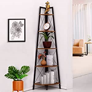 FIWOO Corner Bookcase 70 Inch Tall Corner Shelf 5-Tier Rustic Corner Plant Stand Vertical Bookshelf Wood Ladder Shelf Corner Decor for Living Room, Rustic Brown Finish