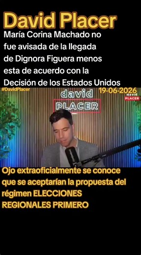 David Placer María Corina Machado no fue avisada de la llegada de Dignora Figuera menos esta de acuerdo con la Decisión de los Estados Unidos Ojo extraoficialmente se conoce que se aceptarían la propuesta del régimen ELECCIONES REGIONALES PRIMERO #SentimientoLlanero #MariaCorinaMachado #EdmundoGonzalezUrrutia #VenezuelaTierraDeGracia #VivaVenezuelaLibre La lucha de los venezolanos no se detiene* Venezuela clama justicia. Clama por sus presos políticos, hombres y mujeres que hoy están tras las re