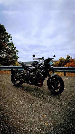 The Triumph Trident 660 carving lines through a fall-painted canvas.