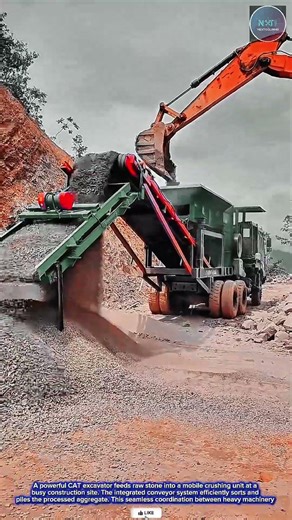 Powerful & Efficient: CAT Excavator Feeding Mobile Crushing Unit for Aggregate Processing