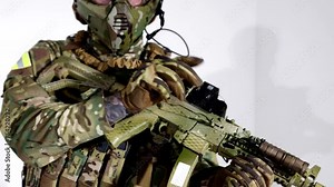 professional sniper reloading rifle, closeup view of soldier gun and modern gun, war conflict