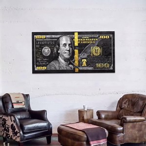 Real 100 Dollar Bill Canvas Wall Art,Dollar Money Wall Art,Large Vintage Home Decor, Obsidian Franks Motivational Wall Picture,Framed Office Art Ready to Hang-48x24 inches