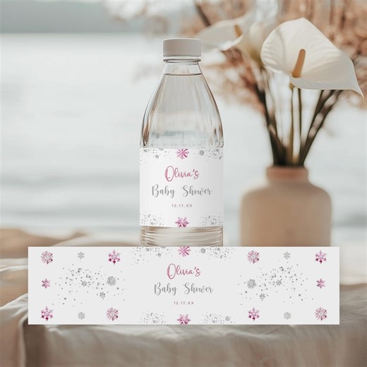 Winter Baby Shower Water Bottle Label Template, Pink and Silver Party Favor, (digital Download) - Etsy
