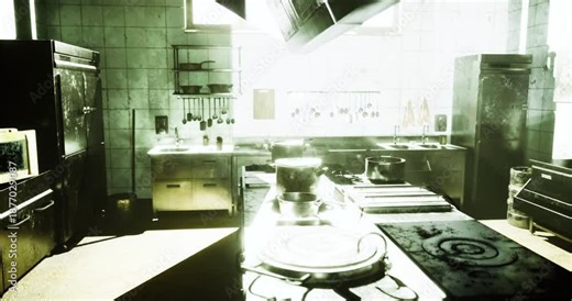 In a cluttered kitchen, pots and pans cover a worn counter, steam rises from the stove, highlighting the disarray of dirty dishes and appliances in a low light environment.