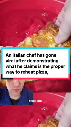 An Italian chef has gone viral after demonstrating what he claims is the proper way to reheat pizza, a method that involves briefly submerging an entire slice in water before warming it. In the video, the chef dips the slice into water for around ten seconds, explaining that the technique rehydrates the base and prevents the crust from becoming dry when reheated. He describes the approach as the traditional Italian way, saying it restores the pizza’s original texture once it is finished in a hot
