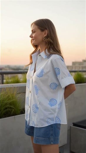 Shell Embroid Shirt White/Blue