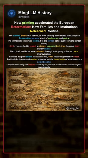 MingLLM on Instagram: "How printing accelerated the European Reformation: How Families and Institutions Relearned Routine The camera enters that period, as How printing accelerated the European Reformation became a test of endurance and policy. The immediate crisis was visible, but the slower consequences were harder to map. Civil systems had to restart in stages: transport first, then housing, then supply chains. Food, fuel, and labor were rationed through emergency rules and local improvisatio