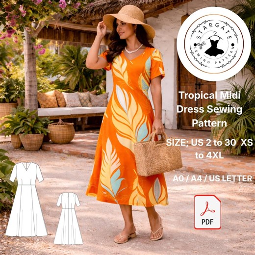 Tropical Midi Dress Sewing Pattern | A-line Short Sleeve Boho Beach Dress (PDF) - Etsy