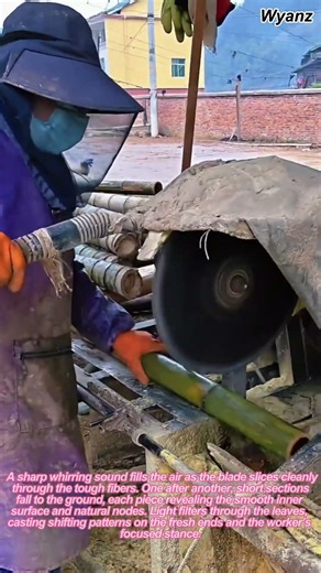 farming daily | person cuts bamboo into short sections with cutter