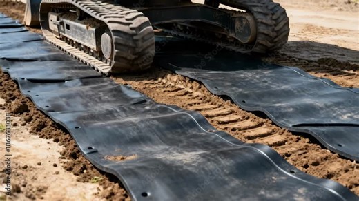 Heavyduty rubber track mats deployed on uneven ground providing secure traction and minimizing soil disturbance for equipment during site preparation