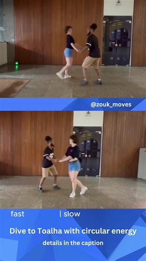 Let’s break down this smooth head movement sequence: We start with Abertura, open the chest and go into a Dive, using the footwork of Boomerang, ending with Lunge (skipping one step of Patinha). When Salka passes him, Felipe changes his hand to lead with his left arm on Salka’s left hand. When Felipe sees Salka’s back for the second time, he relaxes his frame to place his forearm next to her shoulder, still giving her enough space to continue her head movement. Once Salka transferred her weight 