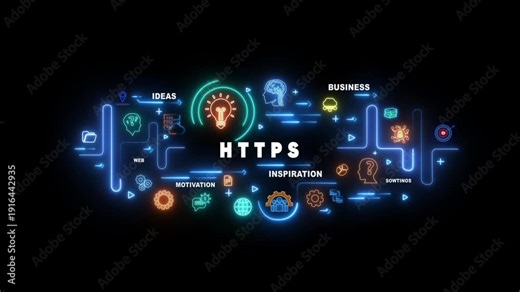 Neon light infographic diagram with the word HTPS in the center and connected icons https