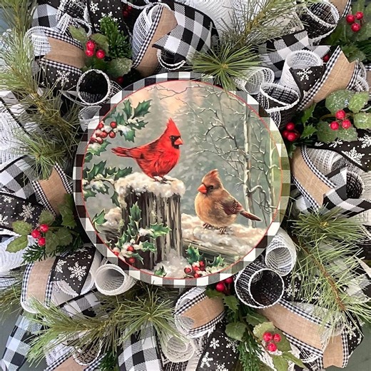 Cardinal Winter Wreath Buffalo Plaid Rustic Decoration Holiday Door Large Farmhouse Style Decor Burlap Bird Seasonal Entryway Pine Berry - Etsy