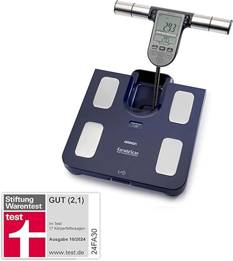 OMRON BF511 Personenwaage: Körperfettwaage mit Körperfett und Muskelmasse - 8-Sensoren mit Hand zu Fuß Messung, bis 150 kg, für Erwachsene und Kinder ab 6 Jahren.