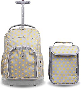 J World Lollipop Kids Rolling Backpack & Lunch Bag Set for Elementary School. Carry-On Suitcase with Wheels, Candy Buttons