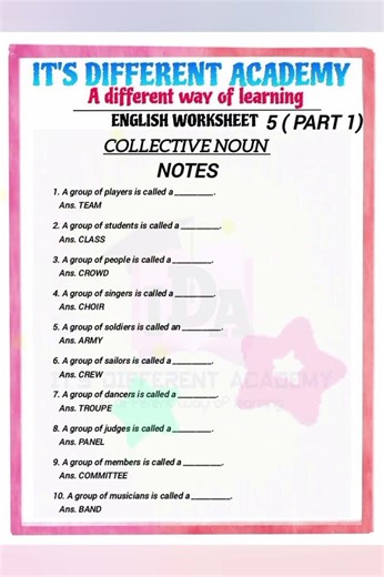 Collective Nouns Worksheet 5 NOTES | Fill in the Blanks + MCQ | English Grammar for Kids