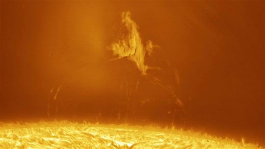 A Leaky Solar Prominence (APOD: 2025 Aug 26) Video Credit & Copyright: Andrea Girones https://apod.nasa.gov/apod/ap250826.html Explanation: What's hovering above the Sun? A solar prominence. A prominence is a crest of hot gas expelled from the Sun's surface that is held aloft by the Sun's magnetic field. Prominences can last for days, can suddenly explode into space, or just fall back to the Sun. What decides a prominence's fate is how the Sun's complex magnetic field changes -- the field's dire