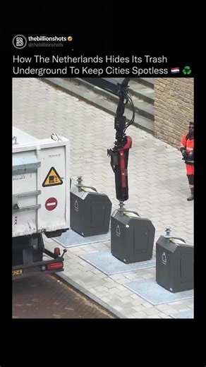 The Billion Shots™ on Instagram: "What looks like an ordinary street corner is actually part of one of the world’s smartest waste-management systems. Across the Netherlands, garbage bins are built underground, storing waste several meters below the surface. When full, trucks equipped with hydraulic cranes lift each container, empty it, and return it seamlessly, all without cluttering the streets or releasing odor. This design frees up urban space, prevents pests, and keeps neighborhoods cleaner 