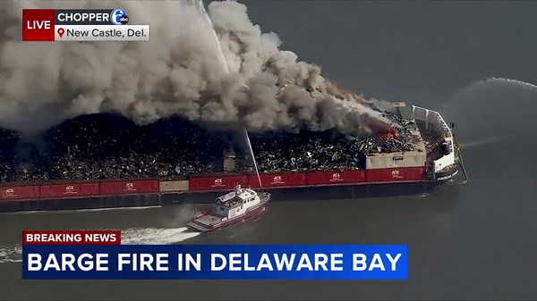 Giant inferno breaks out aboard barge, burns for hours on Delaware Bay