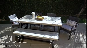 Christopher Knight Home Louise Outdoor Wicker Dining Set with Acacia Wood Table and Bench and Water Resistant Cushions, 6-Pcs Set, Sandblast Light Grey / Black Rustic Metal / Grey / Grey Cushions