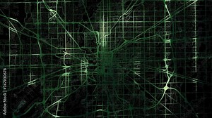 Zoom in road map of Indianapolis Indiana with green glowing roads on a black background.