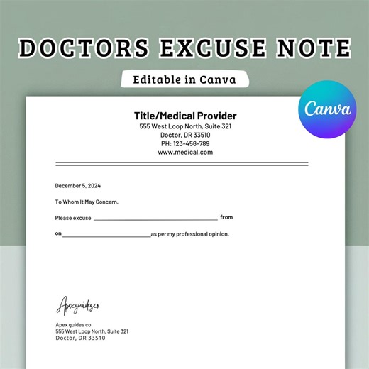 Doctor Excuse Note Template, Medical Letter for Work or School, Sick Leave Editable Canva - Etsy
