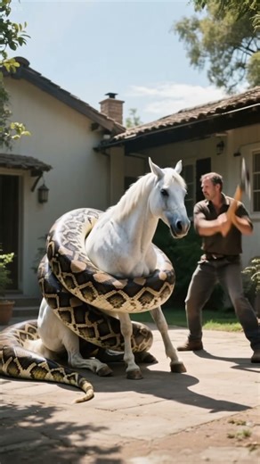 A python coiled around the white horse and its owner rushed to rescue it immediately