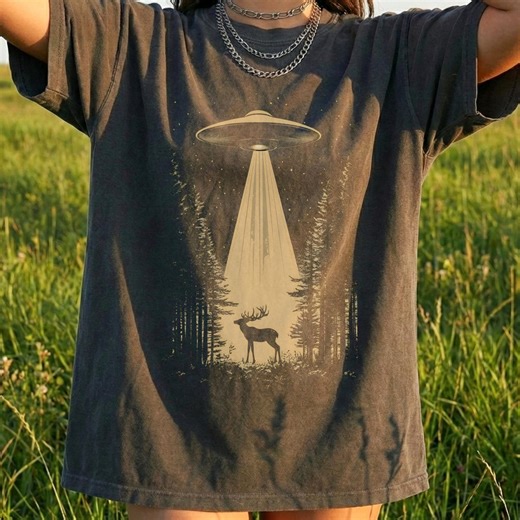 Alien Deer Shirt, UFO Forest Graphic Tee, Retro Sci Fi Camping Shirt, Night Sky Wilderness Tee, Weird Nature Gift, Vintage Aesthetic - Etsy