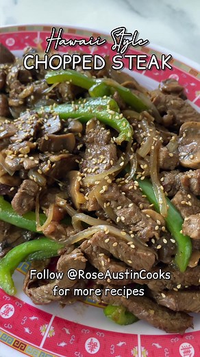 Chopped Steak is one of the dishes I cook when I’m short on time because it literally takes just 30 minutes. Everyone has their own recipe, but I like to keep mine simple. INGREDIENT: 1 tbsp cooking oil 2 lbs ribeye or sirloin steak, cut into slices 1/4 tsp salt 2 garlic cloves, minced 1 onion, sliced 8 oz sliced mushrooms 2 tbsp oyster sauce 2 tbsp light soy sauce 1 tsp dark soy sauce 1/4 tsp ground black pepper 1/4 tsp garlic powder 1 green bell pepper, thinly sliced Sesame seeds, for garnishi