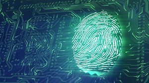 Method for uniquely recognizing humans based upon fingerprint traits. The authentication failed and the fingerprint goes red. 3d render