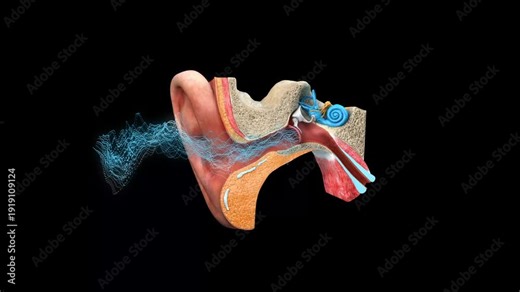 Human Ear Sound Transmission 3D Medical Animation Showing Hearing Process from Outer Ear to Cochlea and Auditory Nerve