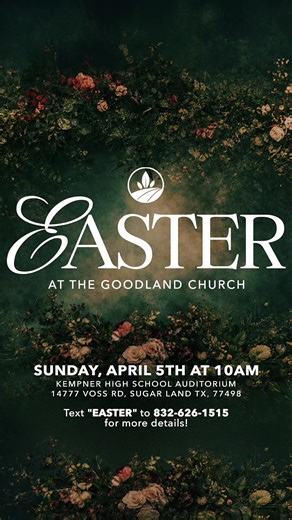 Join us for Easter Sunday at The Goodland! 🌸 No matter where you’ve been or what you’ve been through — all are welcome. Come as you are and come expecting. We’ll also have Children’s Church available, so bring the whole family! 📅 Sunday, April 5th at 10AM 📍 Kempner High School — 14777 Voss Rd, Sugar Land, TX 77498 Want more info? Text “EASTER” to 832-626-1515 We’ll see you there. 🤍 #EasterAtTheGoodland #TheGoodland #Easter #ComeAsYouAre #AllAreWelcome