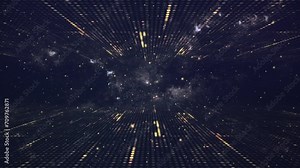 A glowing golden grid network of blinking digital data lights and floating particles. Connectivity and connections concept technology motion background animation.