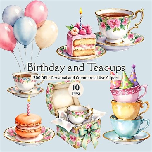 Birthday Tea Party Celebration PNG Clipart, Elegant and Vintage Floral Teacups Graphics - Etsy