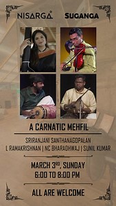 2K views · 91 reactions | An intimate musical experience amidst the quiet of Kerala paddy fields, set against the hues of an evening sky. Who wouldn't want that? Join us at the beautiful @nisarga.arthub, Angamaly for a musical rendezvous- a one of a kind experience this Sunday(3rd March 2024) at 6 PM :) Thanks to Suganga Carnatic for organizing this. Whatsapp to register- Lakshmi: 9962211716, Vishnu: 9790900190 See you all soon 懶 | Sriranjani Tapasya | Facebook