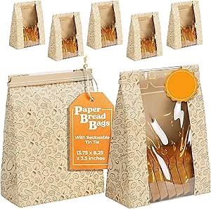 50 Pcs Waxed Paper Bread Bags with Reclosable Tin Tie and Window for Homemade Bakery Goods and Gifts (Kraft Brown) ‎[13.75 x 8.25 x 3.5 inches]