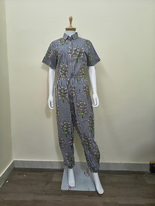 Navy and White Striped Floral Jumpsuit, Sustainable Cotton One Piece for Her, Unique Hand Printed Gift Artisan Made Boho Romper - Etsy