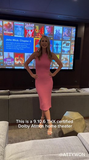 This is a 9.10.6 THX certified Dolby Atmos home theater. Yes, 10 subwoofers. Imagine the bass and the explosions! There are nine speakers all around the room, giving you that immersive surround sound experience. The center speaker is hidden right here behind the screen. Plus, there’s six Dolby Atmos speakers firing down from above, completing the dome of sound in the room. The KEF Music Lounge is the only publicly accessible THX certified home theater in the US. Contact us to schedule an in-pers